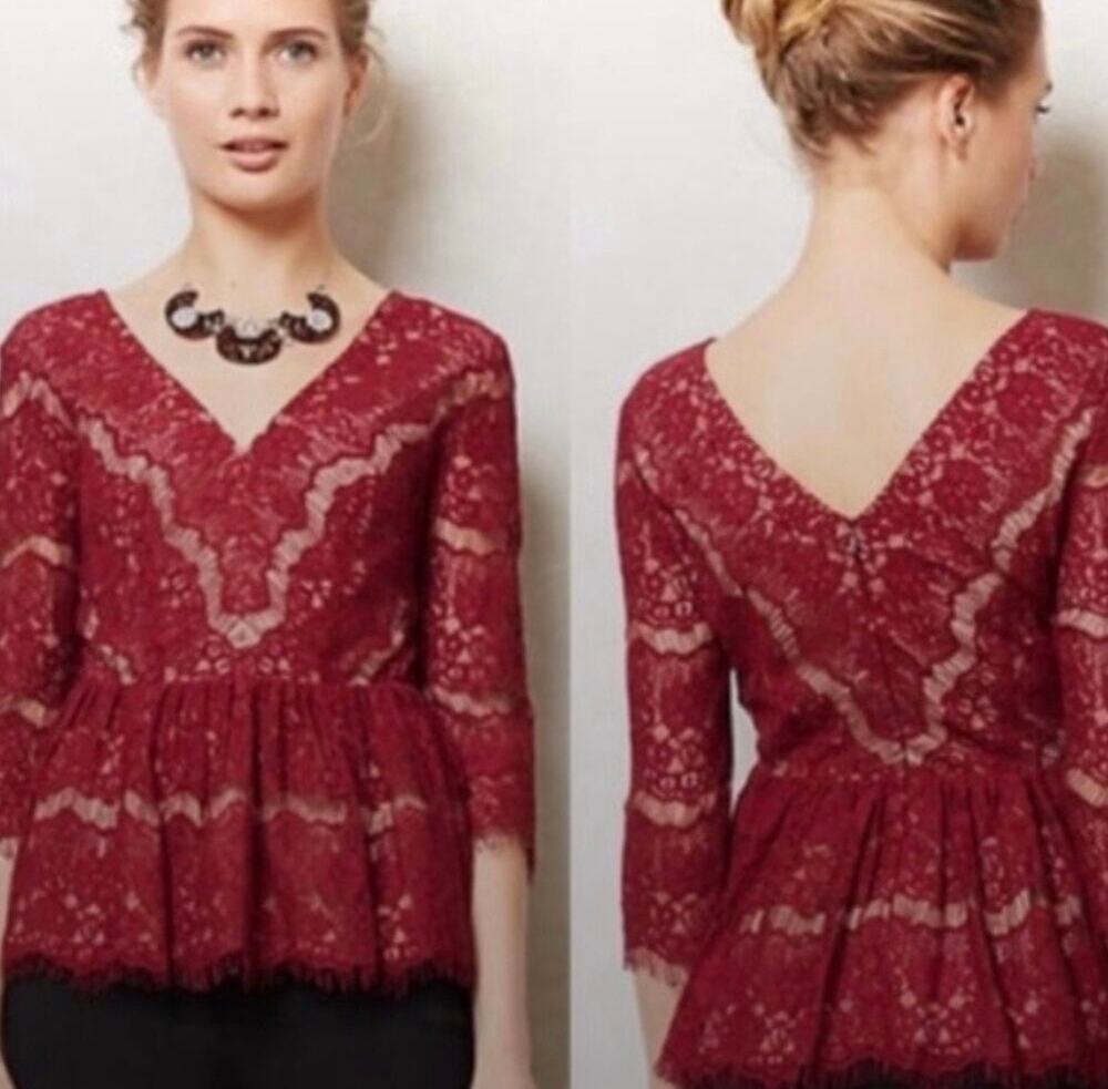 Maeve Anthropologie Maroon Burgundy Lace 3/4 Sleeve V Neck Back Blouse Top M